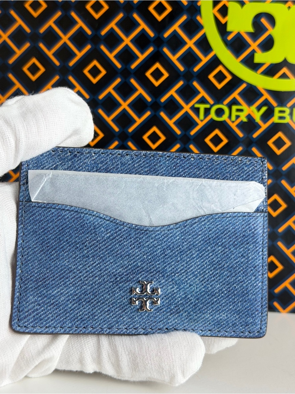 NWT Tory Burch Emerson Denim Suede Slim Card Case - Picture 4 of 9